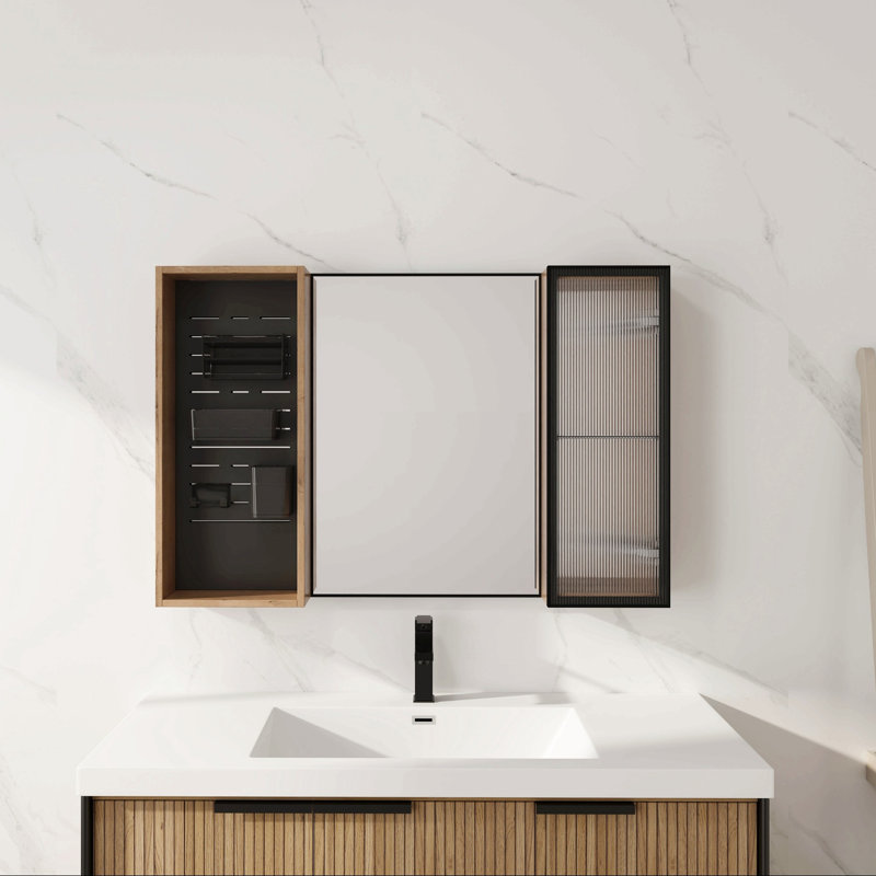 Armoire de toilette 41,6 po avec rangement, armoire à pharmacie murale avec porte miroir, tablettes en verre réglables, contreplaqué