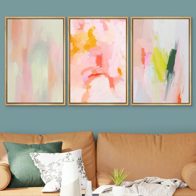 «Vibrant Pastel Watercolor Paint Stroke Shapes Abstract Abstracts», reproduction d'art encadrée sur toile, 3 pièces, Naturel