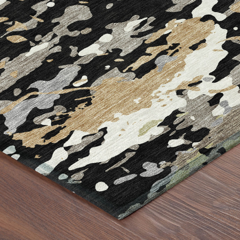 Tapis abstrait lavable à la machine intérieur / extérieur ACN2595, Noir, 10 pi x 14 pi