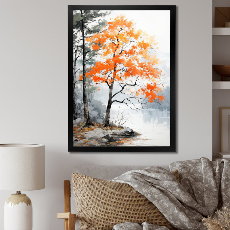 Orange et gris, forêt, automne, élégance I - art mural forêt, Cadre simple noir, H 44 po x l 34 po x P 1,5 po