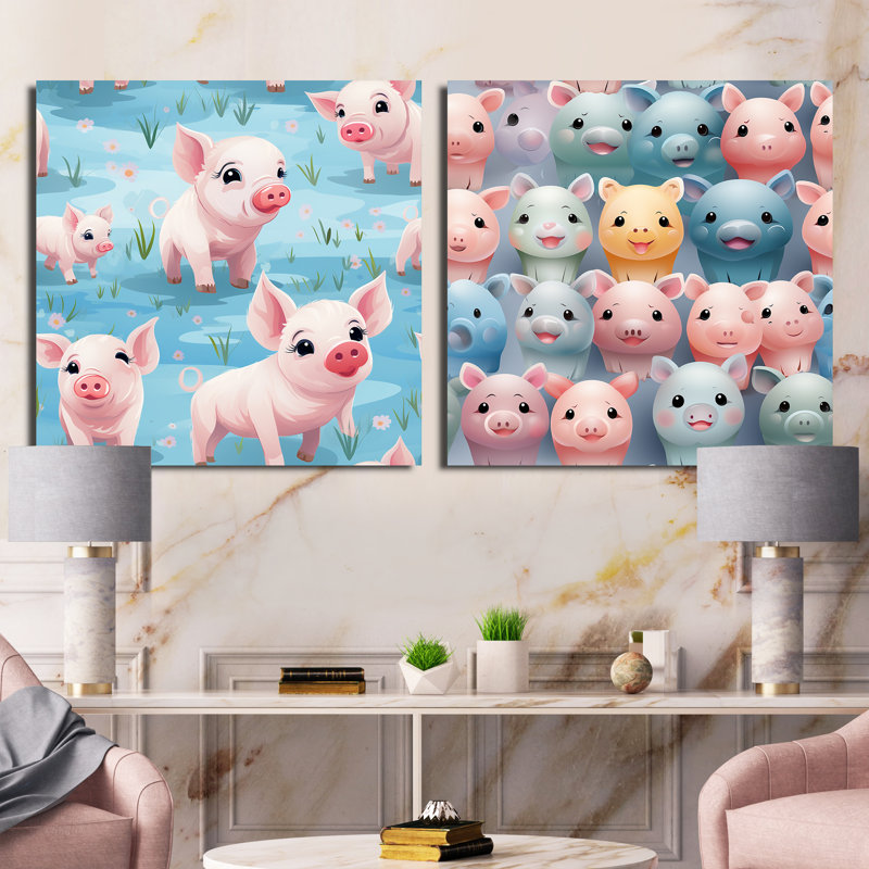 Papier peint mignon avec  pour enfants - animaux, ensemble de 2 collages carrés, Toile tendue, H 16 po x l 33 po