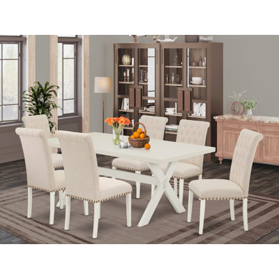 7 Piece Dining Table Set Consist of a Rectangle Dining Room Table with X-Legs and 6 Light Beige Linen Fabric Upholstered Chairs, linen white