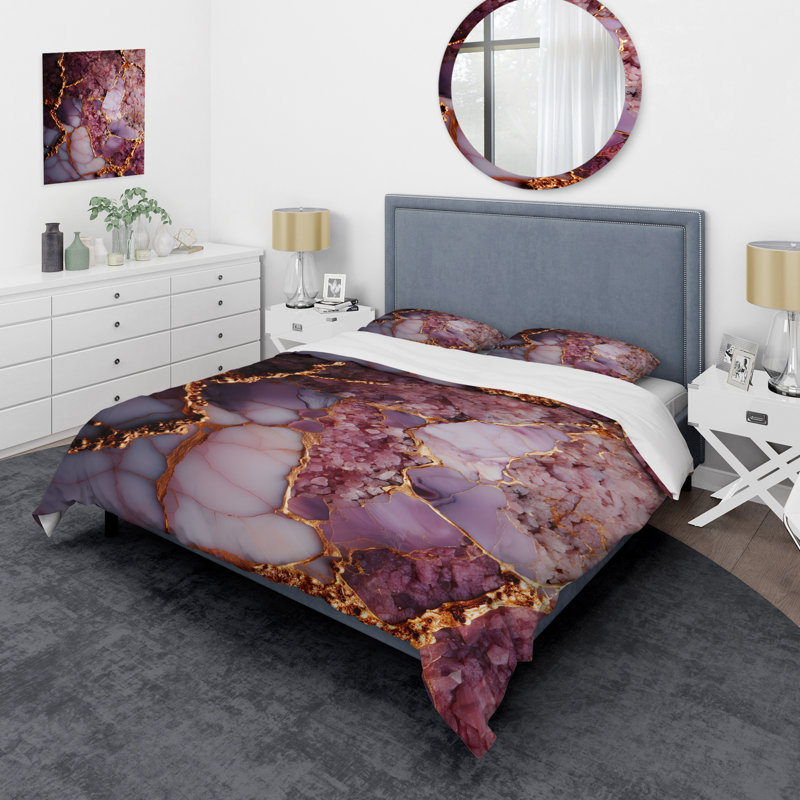 Ensemble de housse de couette abstraite en marbre rose et doré Agate River III