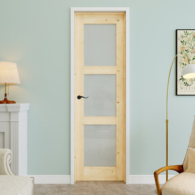 Porte pré-suspendue intérieure en bois de pin et verre givré 24 po x 80 po 3-Lite avec levier incurvé et charnières noires, dalle de porte d'intimité en verre, pouvant être peinte et imperméable, combinaison pour la lessive, portes de placard, portes de pièce, droite