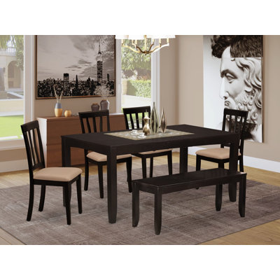 L'ensemble de table de salle à manger 6 pièces contient une table de salle à manger rectangulaire avec feuille papillon et 4 chaises rembourrées en tissu de lin avec banc, cappuccino