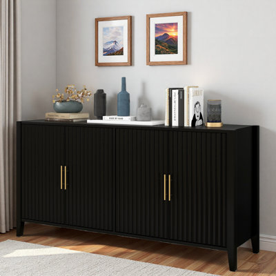 Modern Sideboard With 4-vertical Wavy Slatted Doors And Metal Handles
