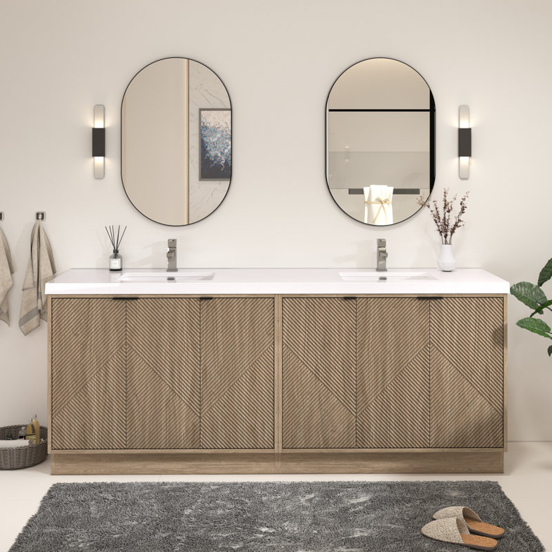 Meuble-lavabo autoportant de 83,8 po avec double lavabo en acrylique renforcé Monterey, Marron clair