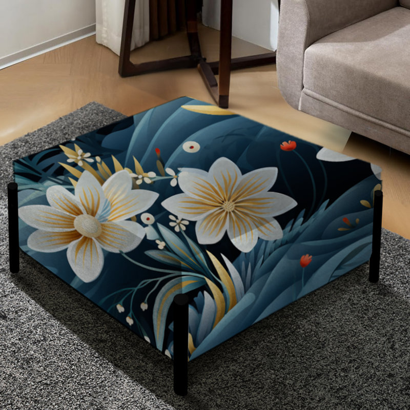 Beige et sarcelle - Tranquillité florale côtière - Grand repose-pieds carré floral