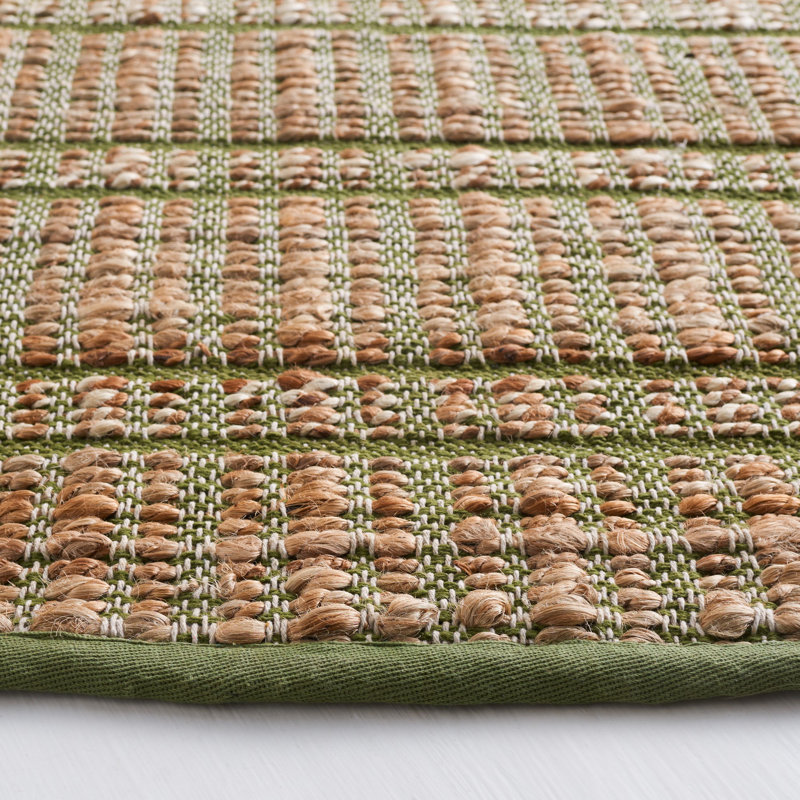 Sollars Striped Flatweave Green/Natural Area Rug, Round 7'
