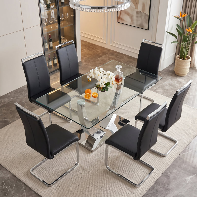 7-Piece Modern Rectangular Tempered Glass Dining Set with Metal Base and Faux Leather Cantilever Chairs, Black, 7, Chrome