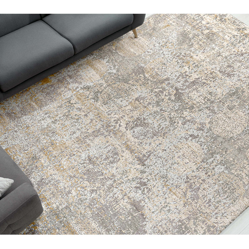 Hand Knotted Abstract Area Rug in Gray/Gold/Ivory