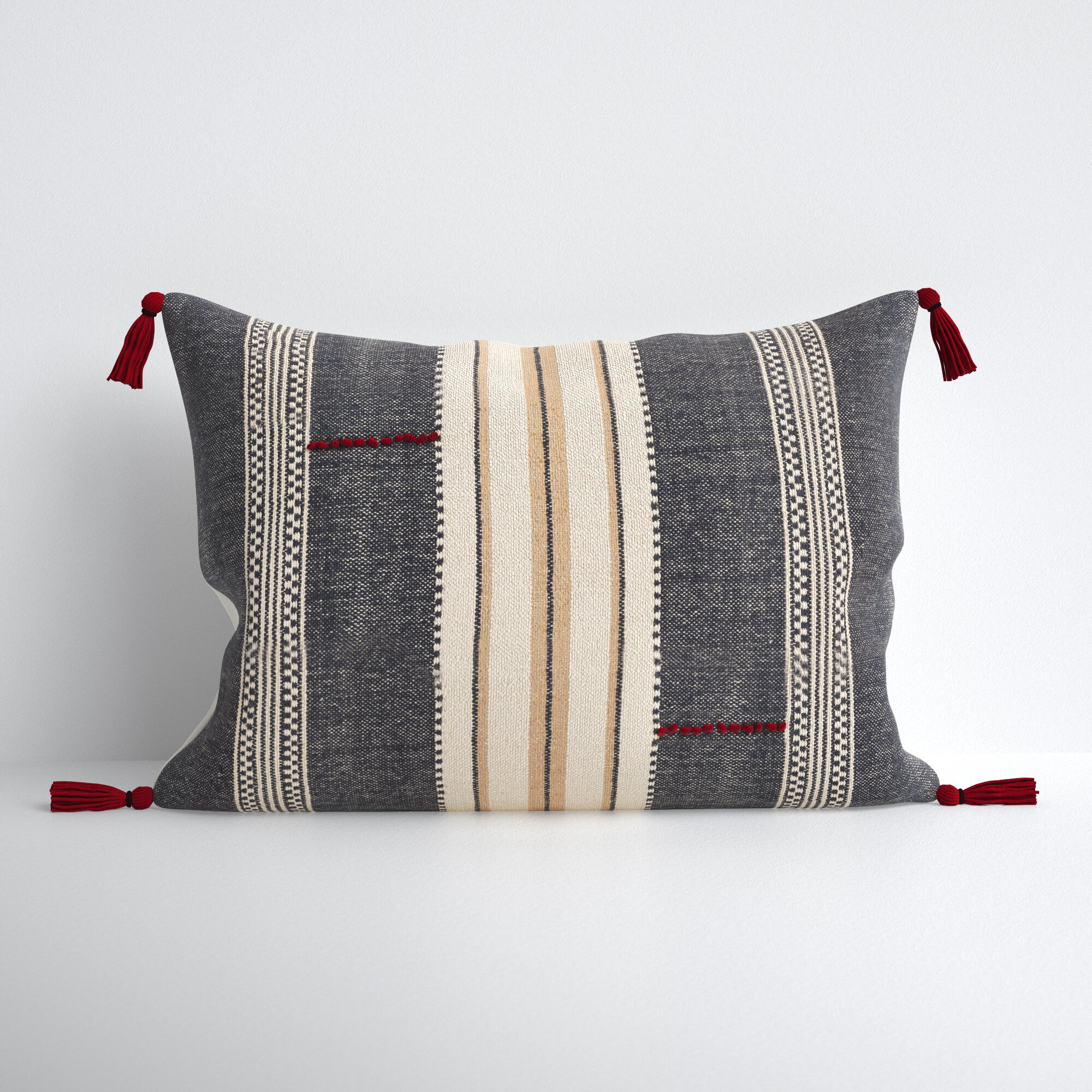 Handmade Textured Cotton Striped Pillow Cover - Corner Tassels