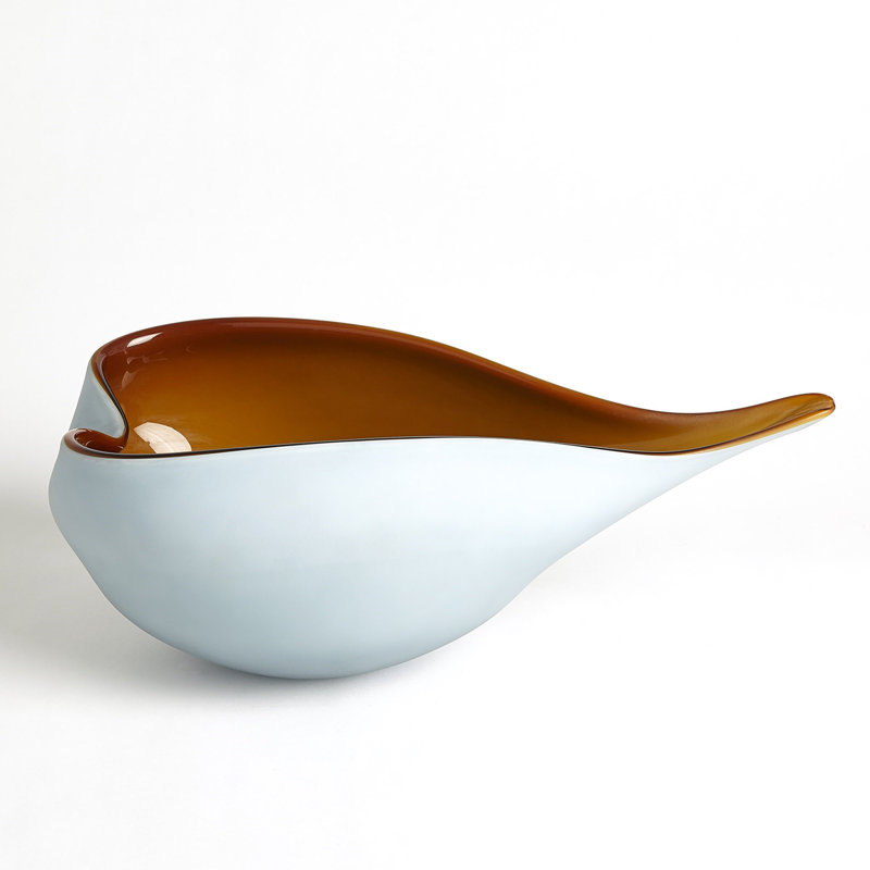 Large Amber and Blue Frosted Glass Decorative Bowl