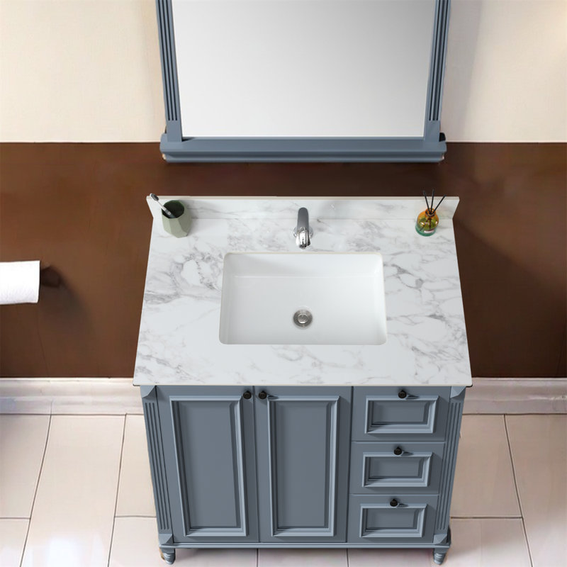 Dessus de meuble-lavabo de salle de bain, dessus de meuble-lavabo en pierre frittée Carra Barthroom avec lavabo rectangulaire encastré en céramique avec dosseret de meuble-lavabo, comptoir de meuble-lavabo