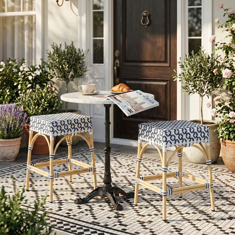 Coastal PE Woven Bar Stools - Indoor/Outdoor Boho Stools With Footrest - Tri-Color Block Patterns, Blue/White