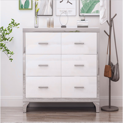 Commode élégante avec poignée en métal, armoire de rangement à miroir avec 6 tiroirs pour la chambre à coucher et le salon