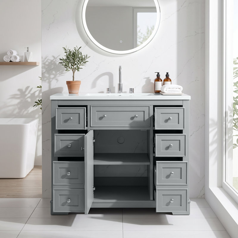 Meuble-lavabo moderne gris sur pied de 91 cm (36 po) en bois massif et MDF, avec lavabo simple en céramique, 6 tiroirs, armoire et quincaillerie complète.