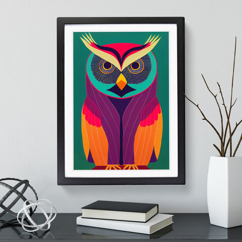 Colourful Owl No.2 Abstract - Single Picture Frame Painting, Black, 64cm H x 46cm W x 2cm D