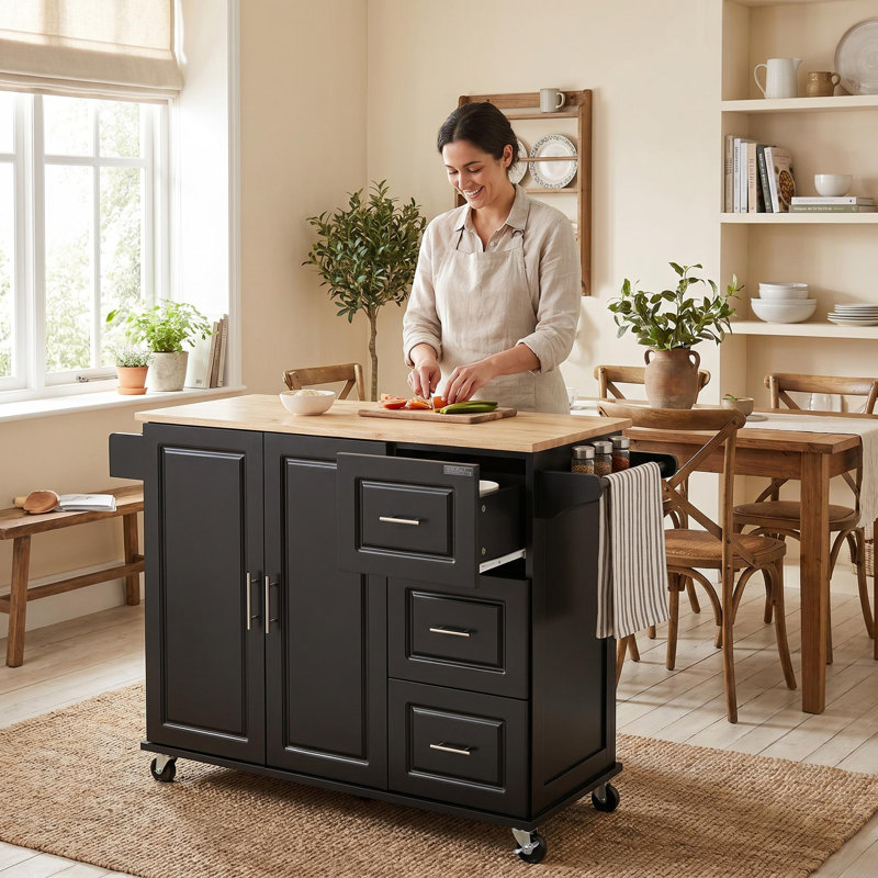 Armoire de rangement mobile avec tiroirs et tablettes réglables - Chariot utilitaire roulant avec plateau en bois d'hévéa, noir