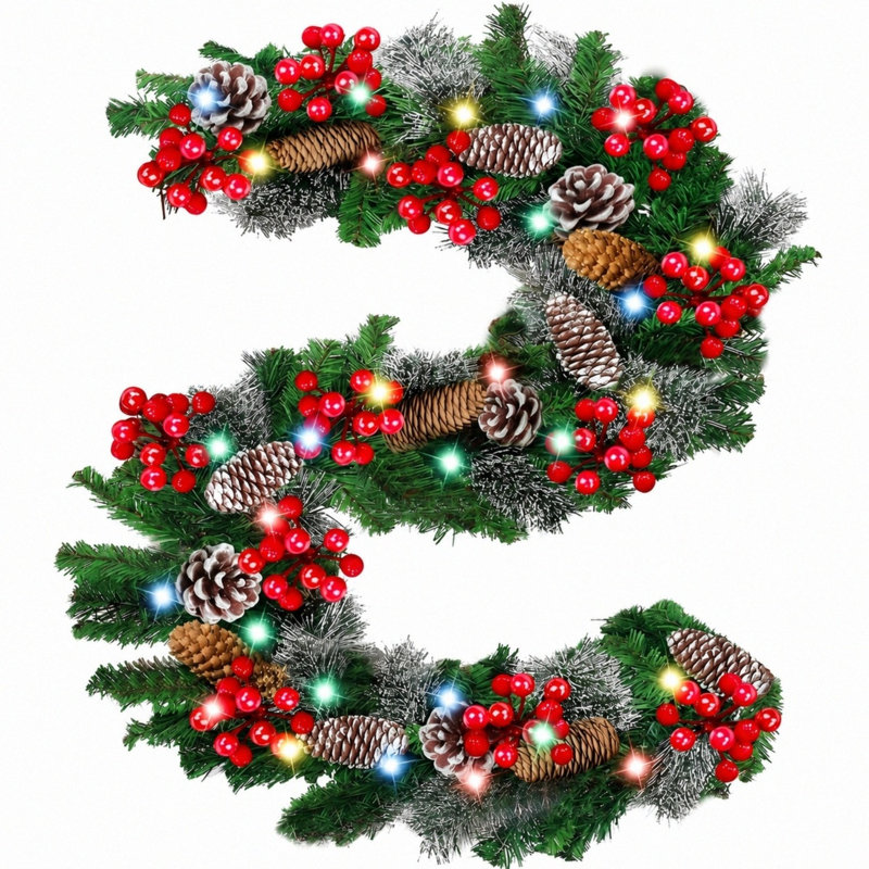 8.8FT Pre-Lit Artificial Christmas Pine Garland with Frosted Tips, Pinecones, and Red Berries