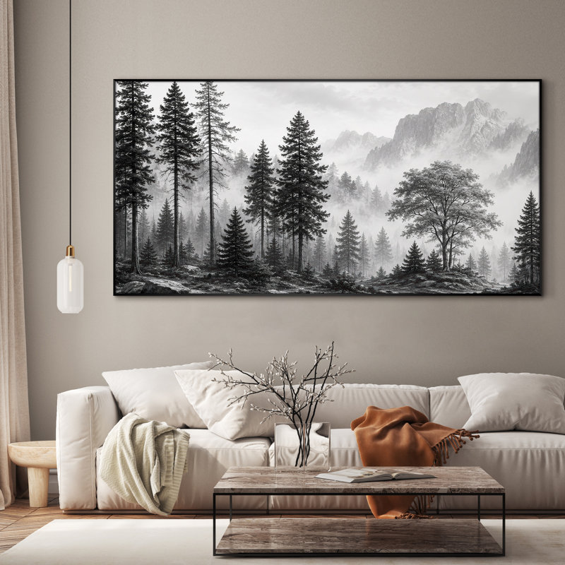 Très grand art mural imprimé sur bois - Forêt de pin brumeux noir rustique - "Assemblage requis (cadre non fini)"