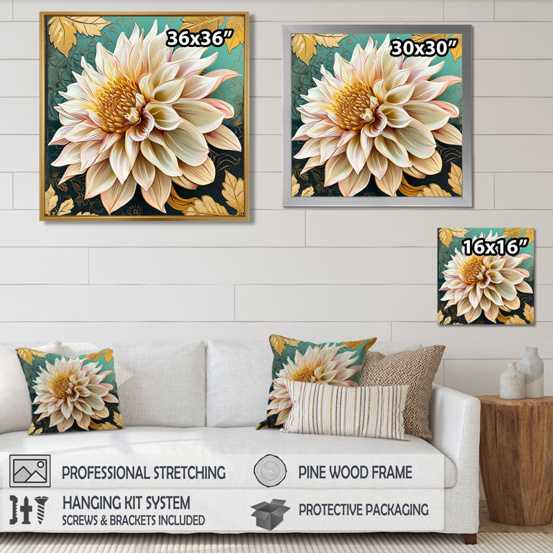 Dahlia en fleurs, feuilles dorées rétro - Dahlia, Toile avec cadre flottant noir, H 30 po x l 30 po x P 1 po