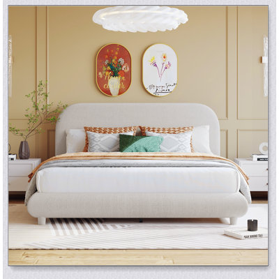 Upholstered Platform Bed With Thick Fabric, Solid Frame And Stylish Curve-Shaped Design