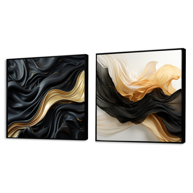 Gold and Black Soft Wave Fusion - Ensemble de 2 collages de formes abstraites carrées, Cadre flottant noir, H 30 po x l 61 po