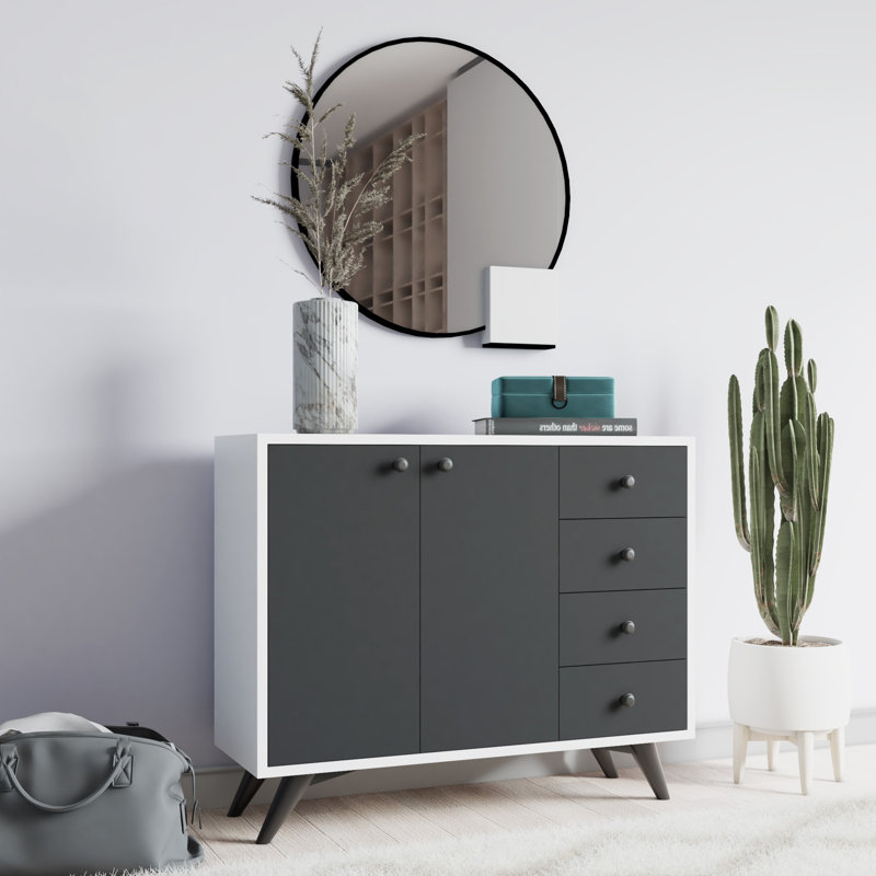 Buffet 4 tiroirs 39,3 po de largeur, Blanc / gris anthracite