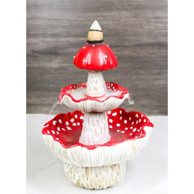 Enchanted Fairy Garden Red 3 Tiered Toadstool Mushrooms Backflow Incense Burner