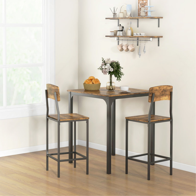 Ensemble de table et chaises de bar à hauteur de comptoir 3 pièces, petite table de salle à manger industrielle pour 2 personnes, table de cuisine carrée et tabourets avec structure en acier, brun rustique et noir