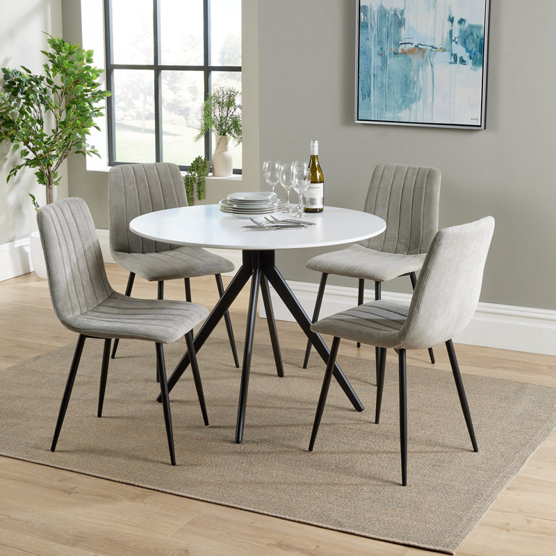 Huetter aspen 1000mm oak foiled round table & 4 fabric chair Set, Light Grey, White