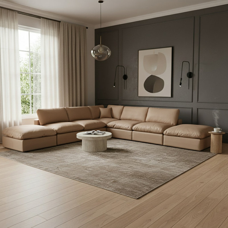Hisayoshi Upholstered L-Shaped Sectional Reversible, Tan Vegan Leather