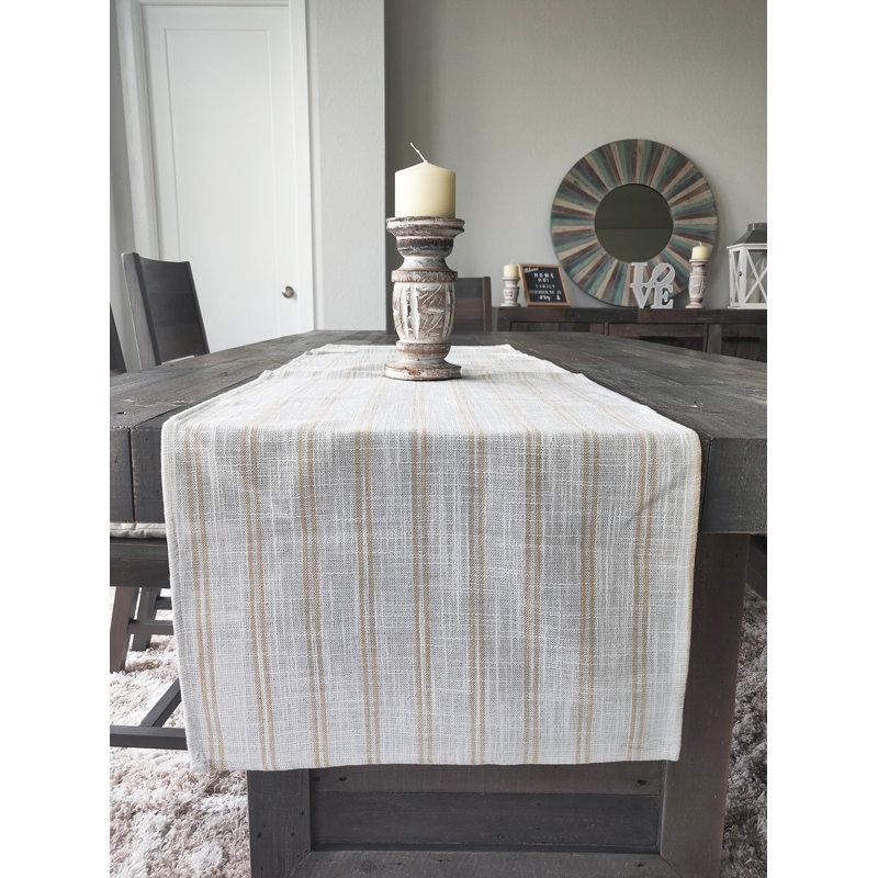 Beige-white Modern Striped Linen Blend Table Runner, Beige/White, 90" x 16" 