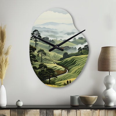 Countryside Foggy Green Hillside - Countryside Asymmetrical Metal Wall Clock, Green Irregular Shape Wall Clock Print