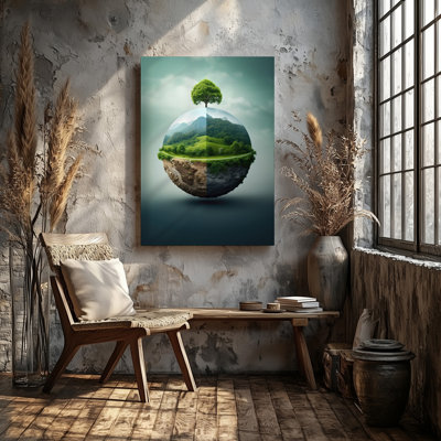 Toile, "Un globe flottant surréel" divisé en deux moitiés
