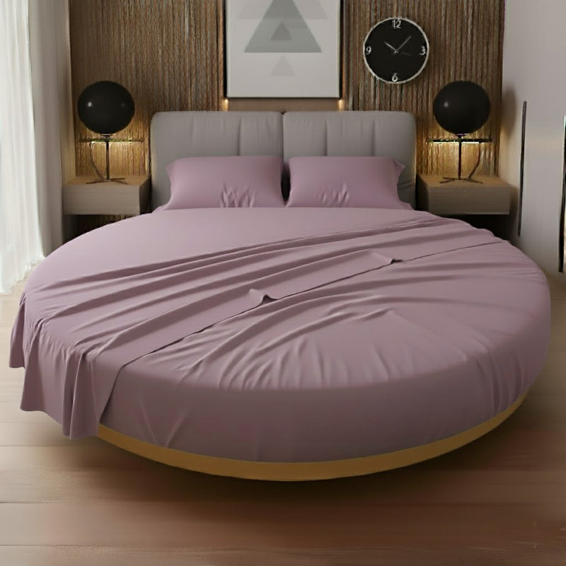 400TC Sateen Solid Cotton Round 4 Piece Sheet Set Fitted Sheet Fits Upto 16" Deep Pocket, Lilac Solid