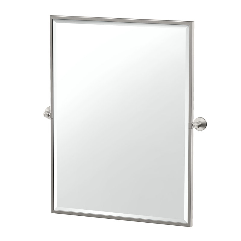 Reveal Wall Mounted Framed Rectangle Bathroom Mirror | Pivoting (Tilting) and Beveled Mirror, Satin Nickel, 25" x 23.63"
