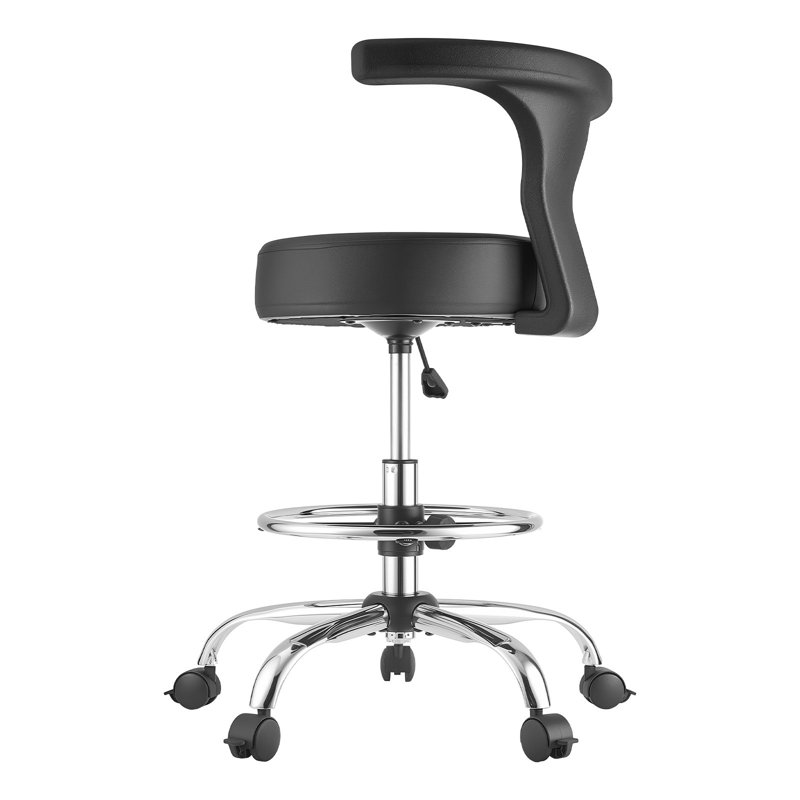 Rolling Stool with Back Support, 500 lbs Weight Capacity, Height Adjustable, Thick Cushion Ergonomic PU Leather Seat, 360° Swivel Round Rolling Stool Chair for Dental, Salon, Clinic, Black