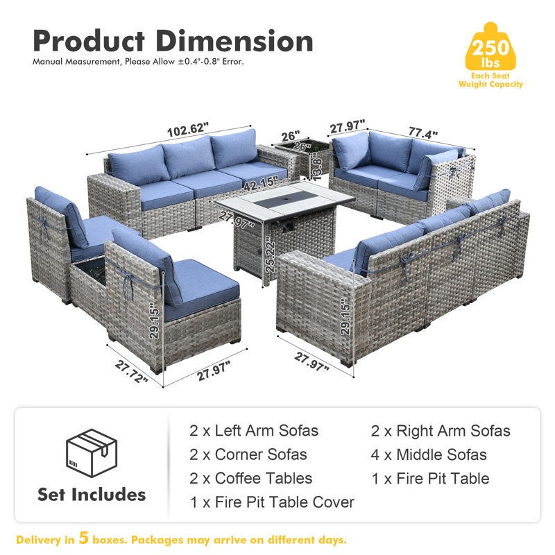 Bobia 13 Piece Wicker Sofa Seating Group with Cushions and Fire Pit Table, Denim Blue