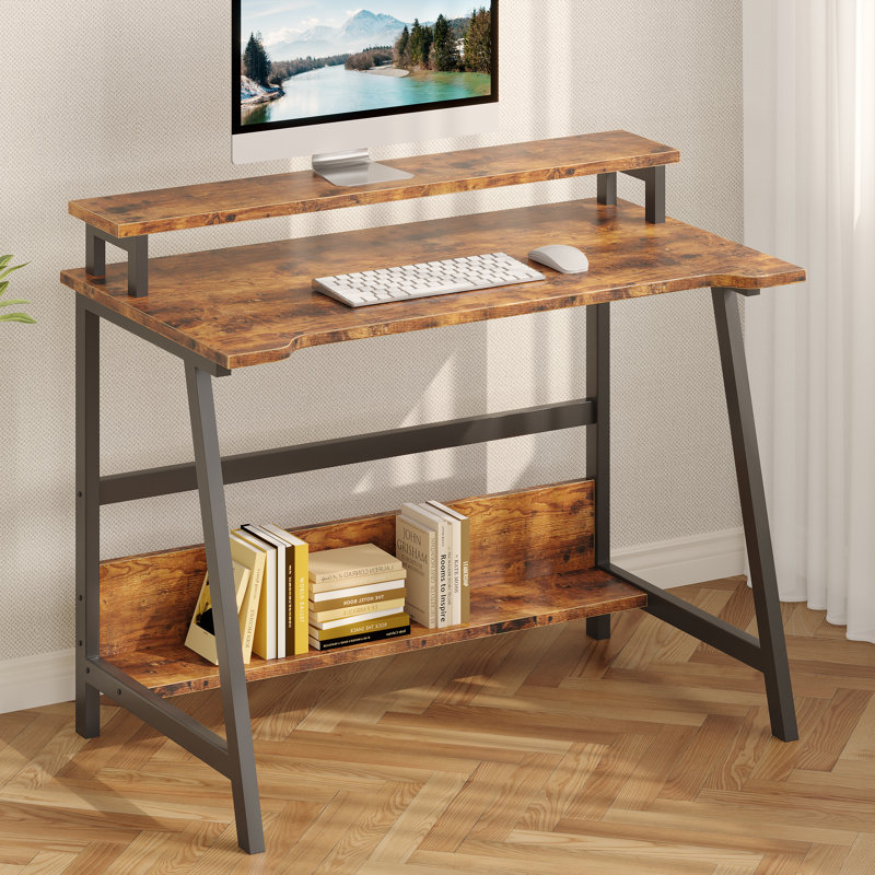 31.5" Computer Desk for Small Spaces, Modern Home Office Desk with Storage Shelf and Monitor Stand, Rustic Brown/Black