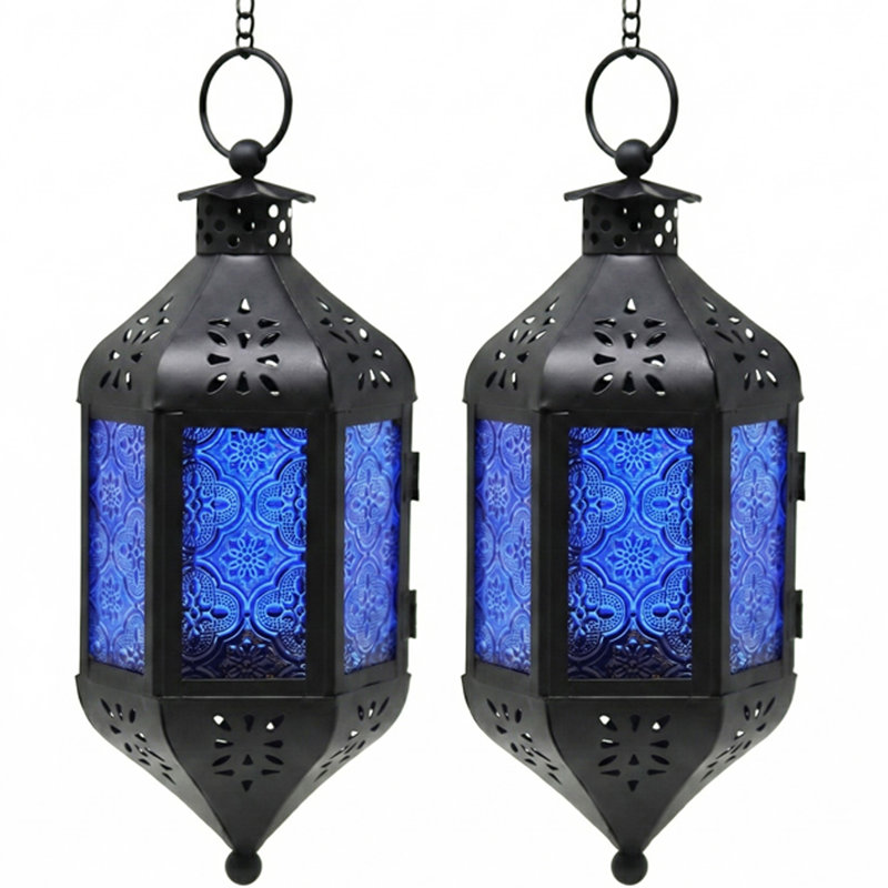 Hanging Moroccan Decorative Candle Lantern with Chain for Outdoor Patio or Porch (Set of 2), Small, Cobalt