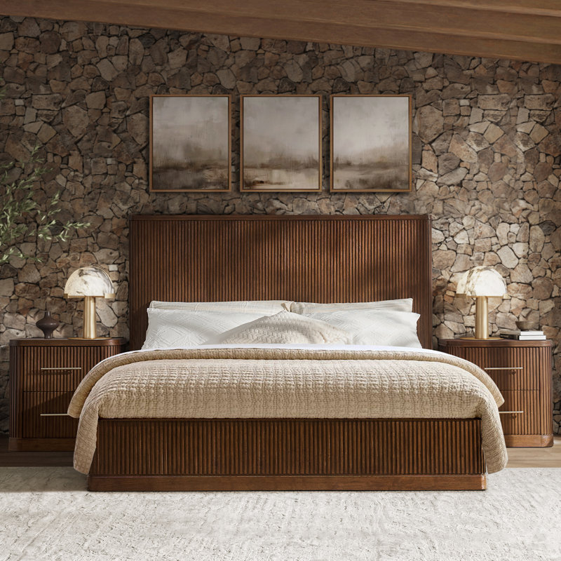 Graciana 3-Piece Fluted Solid Wood Bedroom Set, Walnut, King