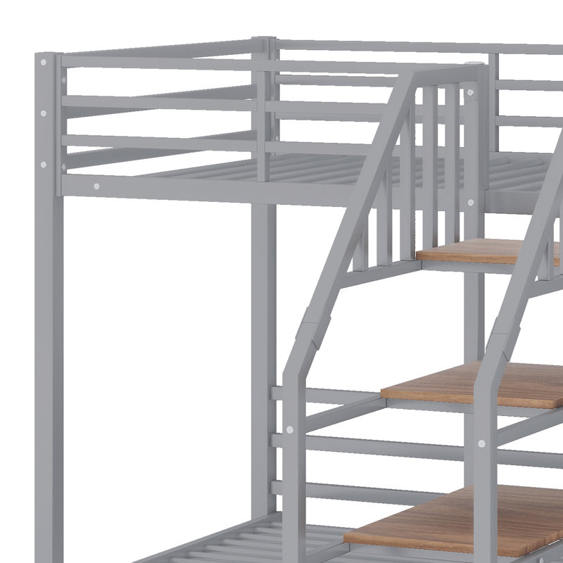 Triple Bunk Bed Frame With Storage Shelves Staircase, Silver