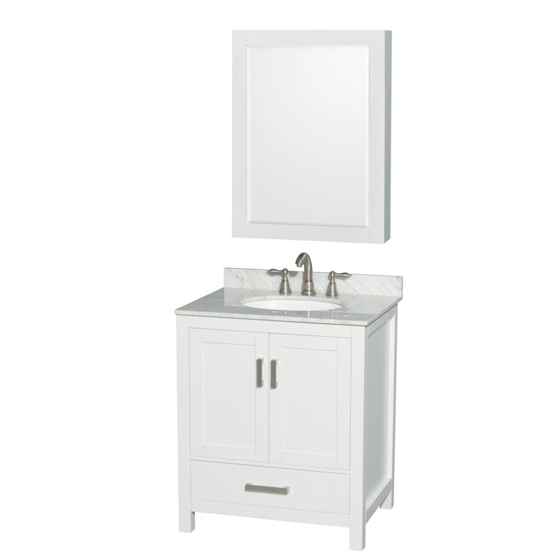 Sheffield 30" Freestanding Single Bathroom Vanity with Marble Top with Medicine Cabinet, 8" Widespread, Oval, White