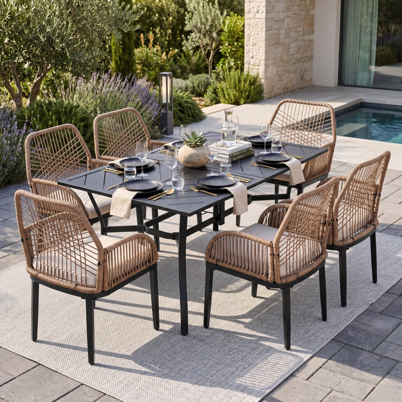 Ensemble repas d'extérieur en métal 7 pièces avec chaises et coussins en rotin