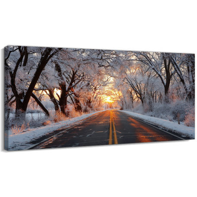  Art mural de Noël hiver sur toile, photos de coucher de soleil sur la route, impressions sur toile de paysage enneigé, décoration murale scénique, peinture murale arbres givrés pour salon, maison de vacances, chambre à coucher, 48 po x 24 po