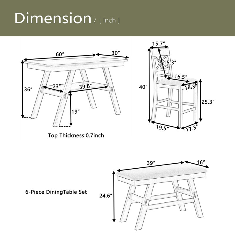 Ensemble de table de salle à manger 6 pièces à hauteur de comptoir en bois avec tablette de rangement, ensemble de table de cuisine avec banc et 4 chaises, style rustique