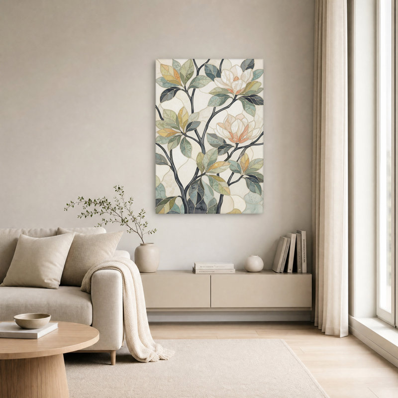 Tableau sur toile représentant des branches de magnolia aux tons verts et orange discrets, 18"H x 12"W