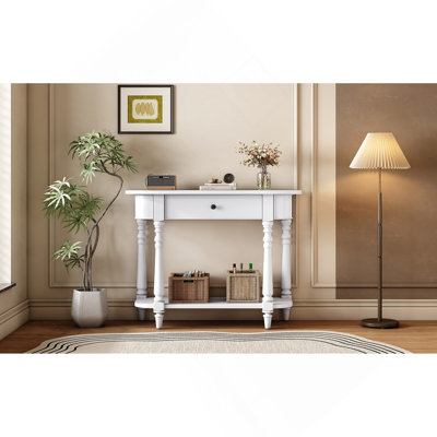 Console étroite avec coin incurvé, table de hall d'entrée rétro avec tiroir supérieur et tablette ouverte, tables console avec canapé